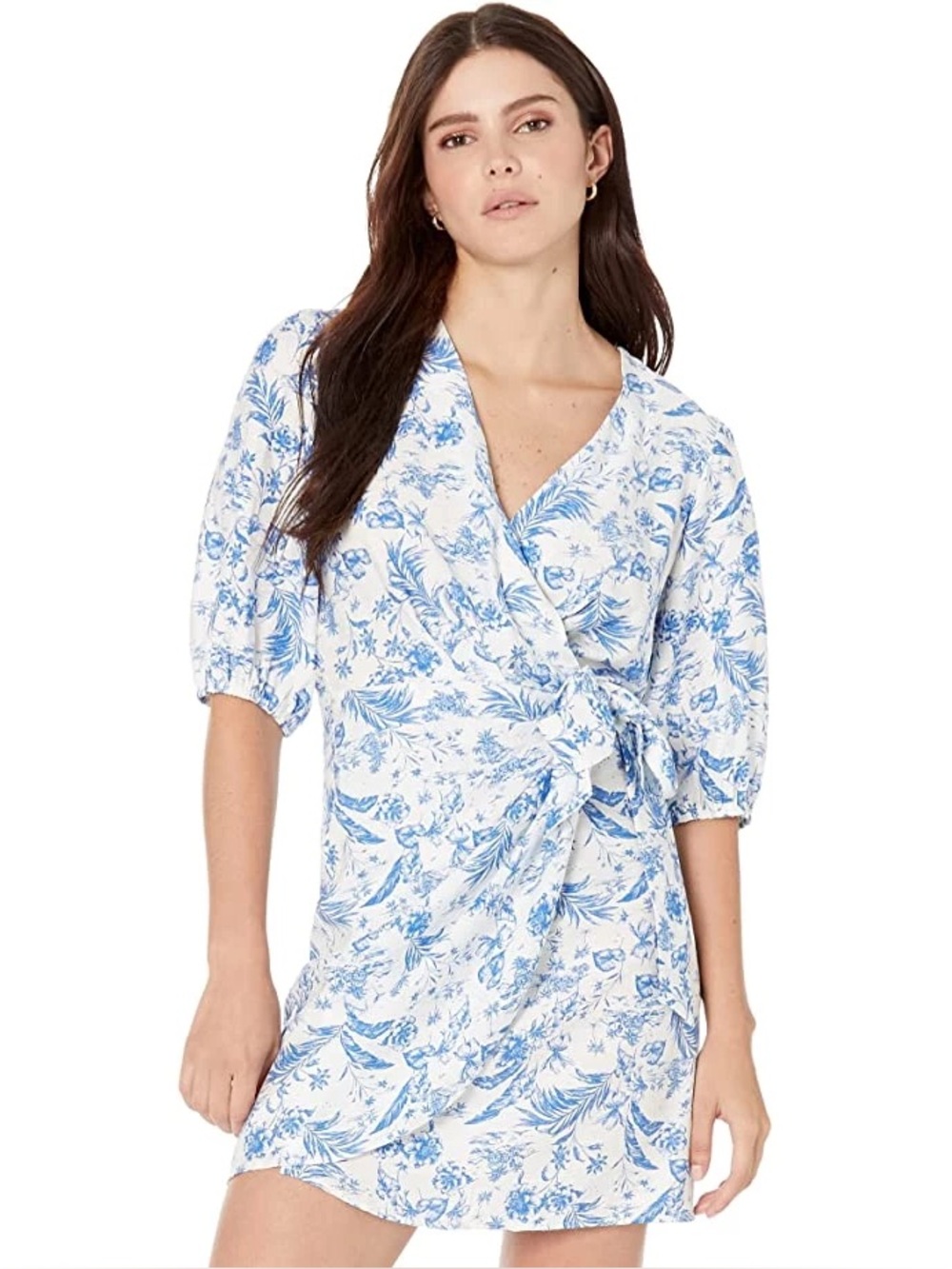 Mango MNG Dress 4 Blue White Floral Print Cuqui Mini Wrap V Neck Women’s NWT